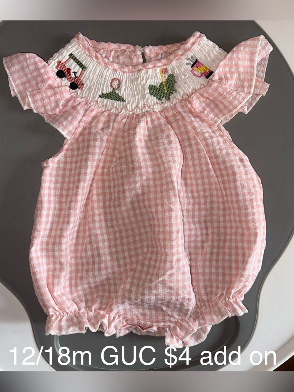Pink Gingham Smocked Golf Baby Romper
